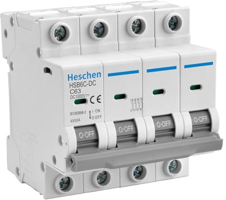 Heschen Disjoncteur miniature CC HSB6C-DC, 4 pôles, DC1000 V 63 A, disjoncteur photovoltaïque, pour système solaire PV, système de grille de panneaux solaires, montage rail DIN 35 mm
