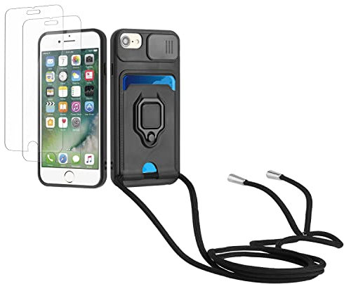 Kaslly Cordon de Coque Compatible avec iPhone 6/6S/7/8/SE 2020+[2 Pièces Verre Trempé],Couvercle Coulissant de la Caméra+Support Annulaire à 360 Degrés,Fentes pour Cartes-Noir