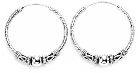 925 Sterling Silber Creolen Damen – Runde Hoop Ohrringe mit Kugel & Ornament – Bali Vintage Design – Silber Creole Schmuck Geschenk