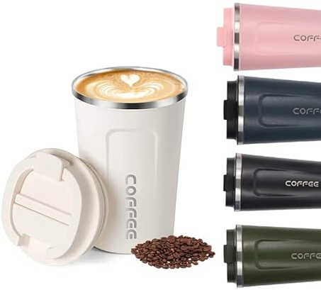 KISUOMAOYI Travel Mugs, Insulated Coffee Cup with Leakproof Lid - Reusable Coffee Cups Travel - Car Coffee Cup - Stainless Steel Thermal Mug for Hot and Cold Coffee Water and Tea.380ml (White)