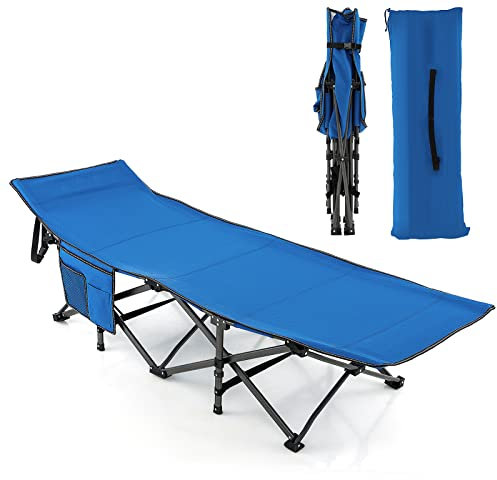 COSTWAY Lit de Camp Pliable 1 Personne, Lit Camping Pliable 185 x 67 x 54 cm, Charge 272 kg, Appuie-tête, Tissu Oxford, Sac de Transport, Poche Latérale, Lit Pliant pour Camping Voyage Bureau (Bleu)