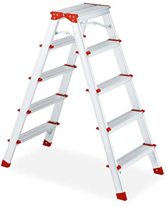 Relaxdays Trittleiter klappbar, 5 Stufen, Treppenleiter Aluminium, Leiter bis 120 kg, HBT: 99 x 45 x 77 cm, Silber/rot