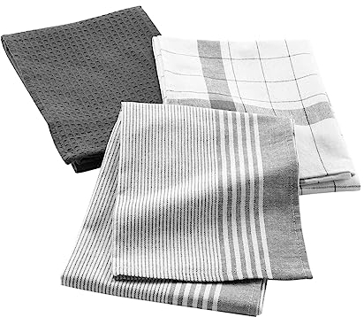 Douceur d'Intérieur, 3 Torchons (50 x 70 Cm) Vibrato Anthracite, Coton Tissé