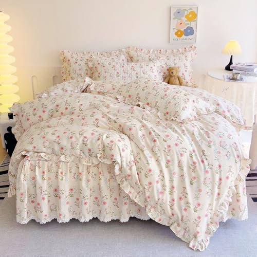 EAVD Romantisches rosa Blumenmuster Rüschen Bettbezug Twin Soft 100% Baumwolle Garten Rosa Floral Bettwäsche Set mit 2 Kissenbezügen Chic Shabby Rüschen Spitze Botanischer Bettbezug mit Reißverschluss