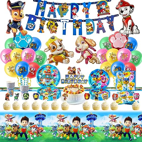yumcute 105PCS Pappteller Kindergeburtstag+Paw Dog Patrol Geburtstag Deko, Geburtstag Geschirr Set, Becher Servietten Tischdecke Set Partygeschirr Geburtstag Kindergeburtstag für 20 Personen