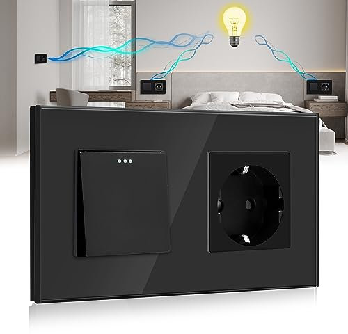 BSEED Lichtschalter mit Steckdose 1 Fach 3 Wege, Glas Platte Wandschalter mit 16A Schuko Steckdose, Lichtschalter Unterputz Wechselschalter mit Steckdose Schwarz - 157mm
