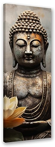 Feeby Bilder Zen Orient Buddha 30x90 cm 1 tlg Schlafzimmer Modern Vlies Leinwandbilder Bild auf Leinwand Kunstdruck Wand Wanddeko Design Wohnzimmer Büro Flur Hotel Spa Buddhismus Yoga Grau