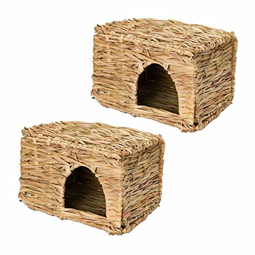 Daconovo 2X juguete de hierba, tejido a mano conejo, cerdo, hurón, plegable, paja, hierba, casa