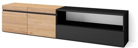 Skraut Home | Mobile TV Soggiorno | Ampio spazio a disposizione | 200x45x35cm | Per TV fino a 80 | Mobile Soggiorno | Stile moderno | Rovere e nero