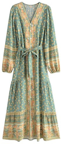 Boho Maxi Dress Long Sleeve Casual Summer Dresses for Women Floral Flare Buttons Tie Waist Hippie Bohemian (UK, Alpha, L, Regular, Regular, Green Multi)