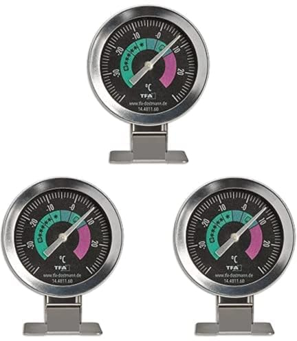 TFA 14.4011.60 carmesin-Bundle Kühlschrankthermometer analog aus Edelstahl für Gefriertruhe bis -40Degree C Silber, 3er Pack