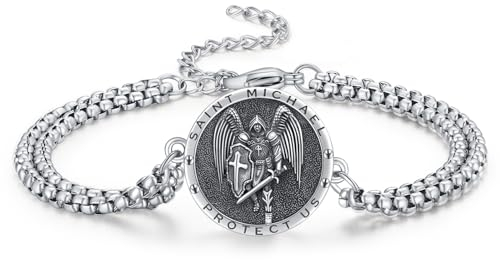 Waysles Erzengel Michael Armband 925 Sterling Silber Heiliger Michael Armband Krieger Beschütze uns Amulett Schmuck Geschenk für Männer Frauen 7+2 Zoll