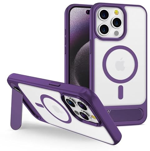 ZCSK Kickstand Case iPhone 15 Pro Max Mag-Safe Case 6.7-Inch Clear Purple Translucent with Built-In Metal Stand Bumper Strong Protective Cover Protect Compatible for MAG-SAFE iPhone 15 ProMax Purple