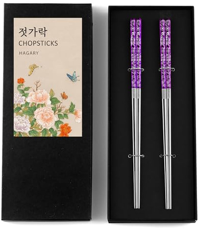 Hagary Peony Butterfly Metal Chopsticks 2 Sets Purple 316 Stainless Steel Non-Slip Dishwasher Safe