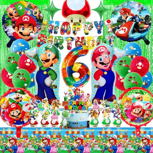 WAHYGG Super Mari Geburtstag Deko für 6 Jahre Junge, mit Großem Folienballon, Ballon-Klebepunkte und Bändern, Tortendeko, Tischdecke, Girlande, Glitzervorhang, Einfache Handhabung