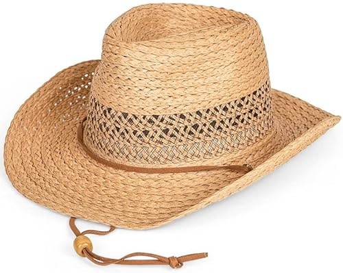Straw Cowboy Hat with Pull Cord, Detailed Band, Unisex, Natural (UK, Numeric, 7 1/4, Natural)