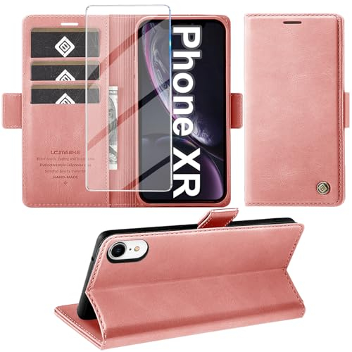 Giyer Handyhülle für iPhone XR Hülle mit Schutzfolie, Kartenfach Wallet Klapphülle Premium Leder Standfunktion Schutzhülle für iPhone XR Flip Case Cover Tasche (Rosa)