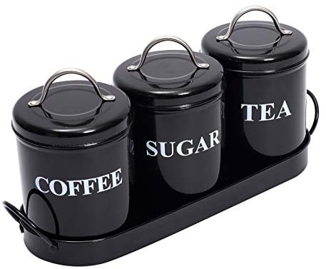 Gzsekken Tea Coffee Sugar Canisters Set of 3,Metal Food Storage Tin Airtight Sealed for Coffee Tea and Sugar Kitchen Storage Container Set with Tray,Vintage Retro Design Perfect for Kitchen,Black