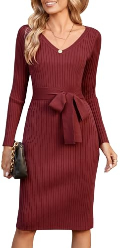 Newshows Jumper Dress for Women UK Red Long Sleeve V Neck Knitted Dress Ladies Bodycon Sweater Dress with Belt