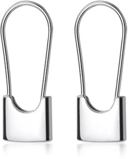 Sterling Silver Padlock Square Safety Pin Hoop Drop Cuff Earrings 2 Tones Rhodium 18K Gold (Rhodium)