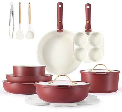 CAROTE 19pcs Pots and Pans Set, Nonstick Cookware Set Detachable Handle, Induction Kitchen Cookware Sets Non Stick with Removable Handle, RV Cookware Set, Gold and Red