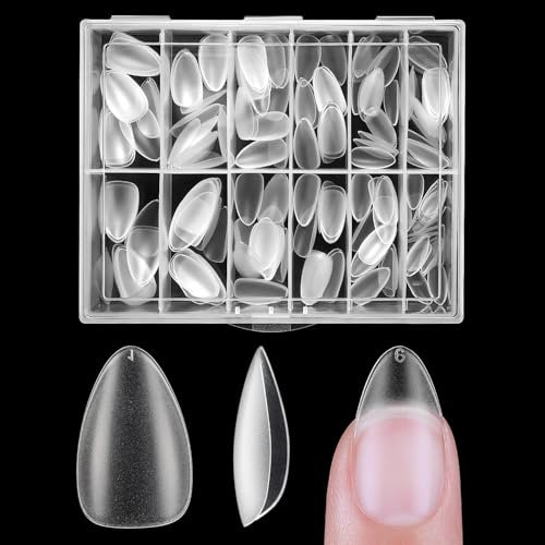 Nicedeco Almond Nail Tips, Clear Full Cover Natural False Nails, 216pcs (12 Sizes, 18pcs Each), ABS Material, 102g, Modern Style, Solid Pattern, Full Cover Nail, 1 Set