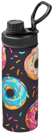 Edelstahl-Wasserflasche mit Cartoon-Donuts, isolierte Wasserflasche mit Tragegriff für Sport, Fitnessstudio, Reisen, BPA-frei, 530 ml