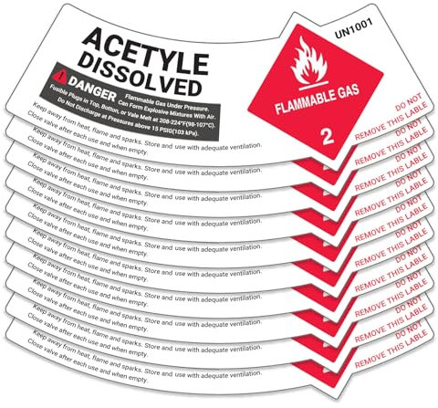 Acetylene Dissolved UN1001 Cylinder Shoulder Labels, Class 2 Danger Flammable Gas Warning Signs, 2 x 5 1/4, Pack of 10 (UN1001)