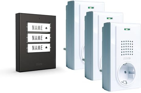 m-e Funkklingel BELL-5032 EA, für 3-Familienhaus, Edelstahl anthrazit Klingeltaster und 3 Türglocken für Steckdose | Erweiterbare kabellose Funk-Türklingel | 200 Meter Funk-Reichweite