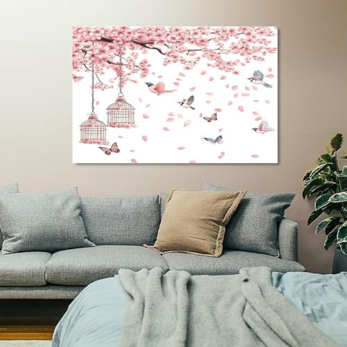 Wandbilder Dekoration Wohnzimmer Vogelkäfig aus rosa Kirschbaum Bilder auf Leinwand 60x120cm Leinwandbild Schlafzimmer Küche Deko Wand Kunstdruck Art Groß XXL Wanddeko Bild Wall Decor Canvas