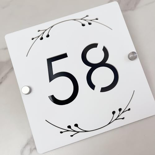 Plaque de numéro de maison 3D en acrylique creux avec design floral ornemental – Plaque d’adresse personnalisée gravée au laser pour mur, finition mate, plaque de numéro de porte flottante (Blanc Noir