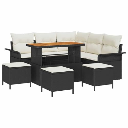 vidaXL 9-teiliges Garten-Sofa-Set mit Kissen in Schwarz aus Poly-Rattan und Akazienholz – modulares Outdoor-Möbelset für die Terrasse, ideal zum Entspannen