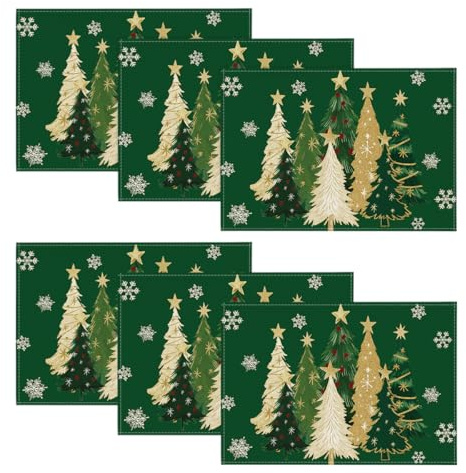 Artoid Mode Grün Bäume Sterne Weihnachten Platzsets 6er Set, 30x45cm Winter Tischset Waschbar Platzdeckchen Küche Party Deko