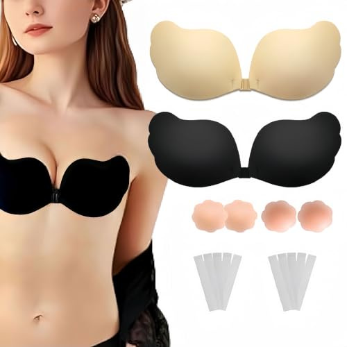 HuaCommerce 2 Pack Sticky Bra Push Up for Women – Strapless Backless Adhesive Bra with Nipple Covers & Tape for Backless Dresses, Weddings & Swimwear (Cup D)
