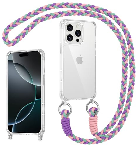 Coiwxmoi Transparente Funda para iPhone 14 Pro MAX con Cuerda, Anti-Choque Anti-arañazos Carcasa con Colgante Collar Ajustable TPU Silicona Protección Case con Cordón para iPhone 14 Pro MAX, Púrpura