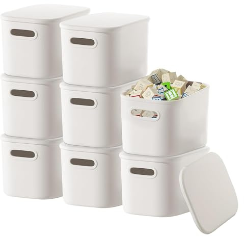 8 Pack White Plastic Storage Boxes with Lids, 7L Stackable Storage Bin Bulk | 25 x 17 x14 cm, Lidded Storage Container with Handle for Shelves Drawers Classroom Office
