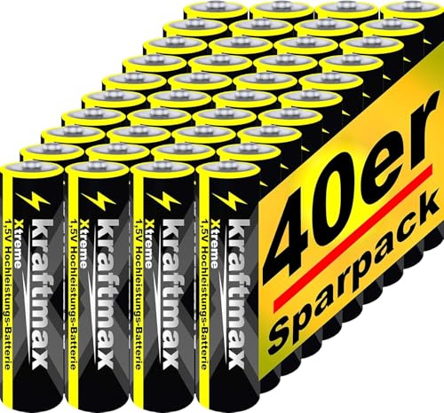Kraftmax 40er Pack AAA Batterien – Micro Alkaline Batterien 1,5 V – Hochleistungs-Longlife Energie – Ideal für Fernbedienungen, Spielzeug, Haushaltsgeräte, Elektrogeräte