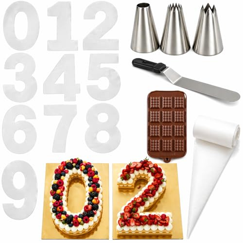 Cake Mastery Number Cake Set | Schablonen 0-9 | 10-12 Portionen | 12 Zoll | Zahlentorte und Zahlenkuchen Backset mit 3 Spritztüllen, 25 Spritzbeuteln, Winkelpalette und gratis Silikonform