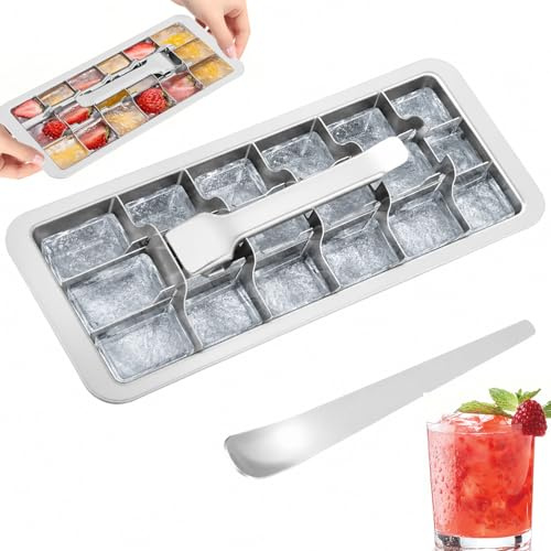 Gatphy Stainless Steel Ice Cube Tray with Release Handle and Scoop, 18 Grid Metal Ice Cube Mold for Freezer, Reusable Soup Freezer Mold for Drinks, Beverage, Juice, Soup and Frozen Purees