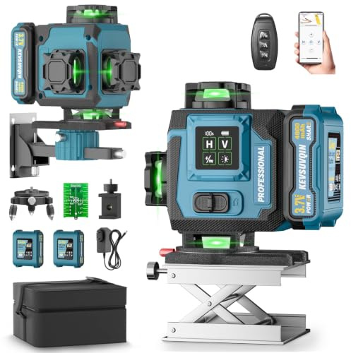 Kevsuvqin Nivel Laser Autonivelante 360 Grados, 16 Líneas Laser Verde, APP | Nivelador Laser con 2x4800mAh Batería & Control Remoto, Indicador LED, IP54 Resistente para Obras de Construcción y DIY