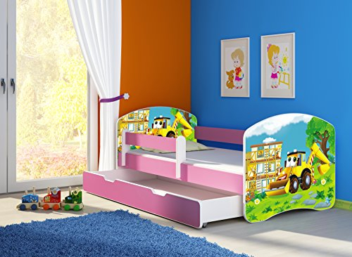 CLAMARO 'Fantasia Pink' 180 x 80 Kinderbett Set inkl. Matratze, Lattenrost und mit Bettkasten Schublade, mit verstellbarem Rausfallschutz und Kantenschutzleisten, Design: 20 Bagger