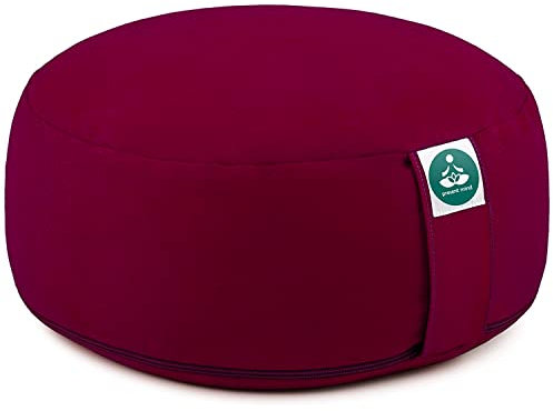 Present Mind Yogakissen Rund Zafu (Sitzhöhe 16 cm) - Farbe: Burgund - Yogakissen Meditationskissen Hoch - Hergestellt in der EU - Waschbarer Bezug - 100% Natürliches Yoga Sitzkissen