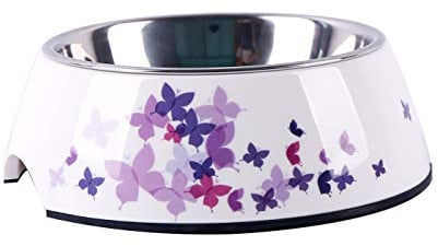 Dehner Hunde- und Katzennapf, Ø 17.5 cm, Höhe 5 cm, 350 ml, Melamin/Edelstahl/Gummi, weiß/lila