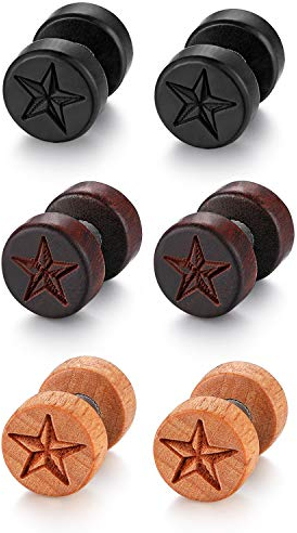 Flongo Herren Holz Ohrstecker Knopf Damen Ohrringe, 10mm Holz Edelstahl Gestüt Stecker Ohrringe Pentagramm Stern Holz Braun Schwarz Farbe Fake Plug Tunnel Ohrstecker Piercing Ohrschmuck Set