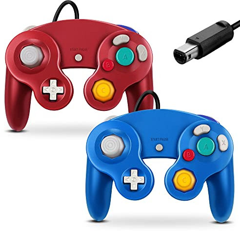 FIOTOK Gamecube - Controlador clásico con cable para Wii Nintendo Gamecube (azul y rojo, paquete de 2)