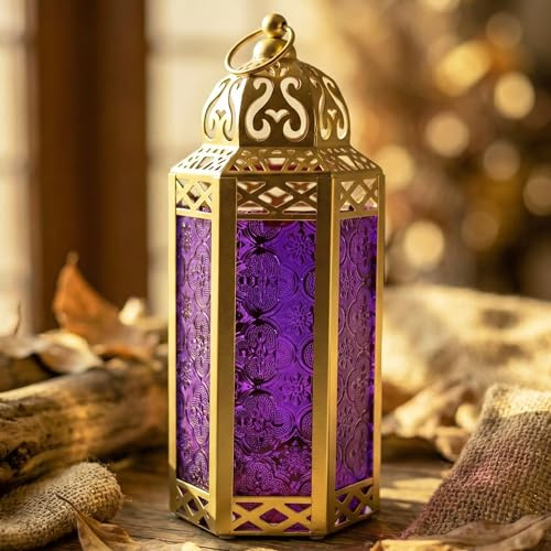 Goldene marokkanische Kerzenlaterne, dekorative Kerzenhalterlampe für Tisch oder zum Aufhängen, Ramadan, Terrasse oder Veranda im Freien, Hochzeiten, Violettes Glas, mittelgroß