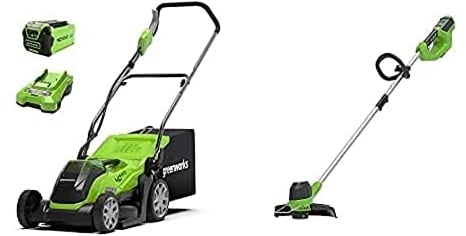 Greenworks battery-powered lawnmower G40LM35K (Li-Ion 40V 35cm cutting width up to 500m² mowing area, 2in1 mulching and mowing, 5-fold cutting height adjustment) & Battery Lawn Trimmer G40LT