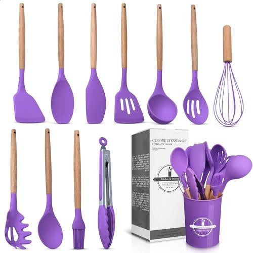 Set di 12 utensili da cucina viola con supporto, versatile set di utensili in silicone per cucinare e cuocere, delicati su pentole e padelle, resistenti al calore, eleganti, facili da pulire