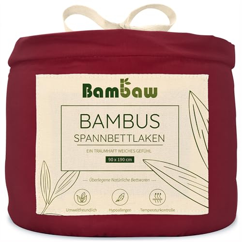 Bambaw Spannbettlaken 90x190 Bambus, 35 cm Steghöhe, regulierende Bettlaken Sommer kühlend, antibakterielle, weiche und Anti Allergie Bettlaken, kühlendes Bambus Spannbettlaken (Burgunderrot)