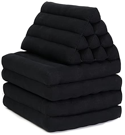 Leewadee - Bequeme Japanische Bodenmatratze - Thai Bodenliege mit Dreieckskissen - Futon Klappmatte - Thai Massagematte, XL Extra Lang, 225 x 50 cm, Schwarz